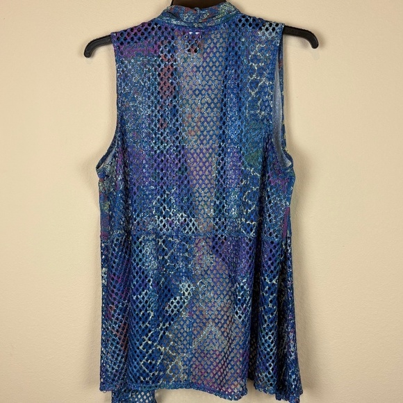 Multiples Blue w/ Multicolored Accents Mesh-Like Open Front Asymmetrical Vest - Picture 6 of 10